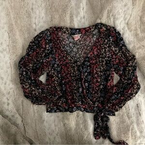 American Eagle Outfitters Black Floral Wrap Crop Top with Pink & Blue Flowers